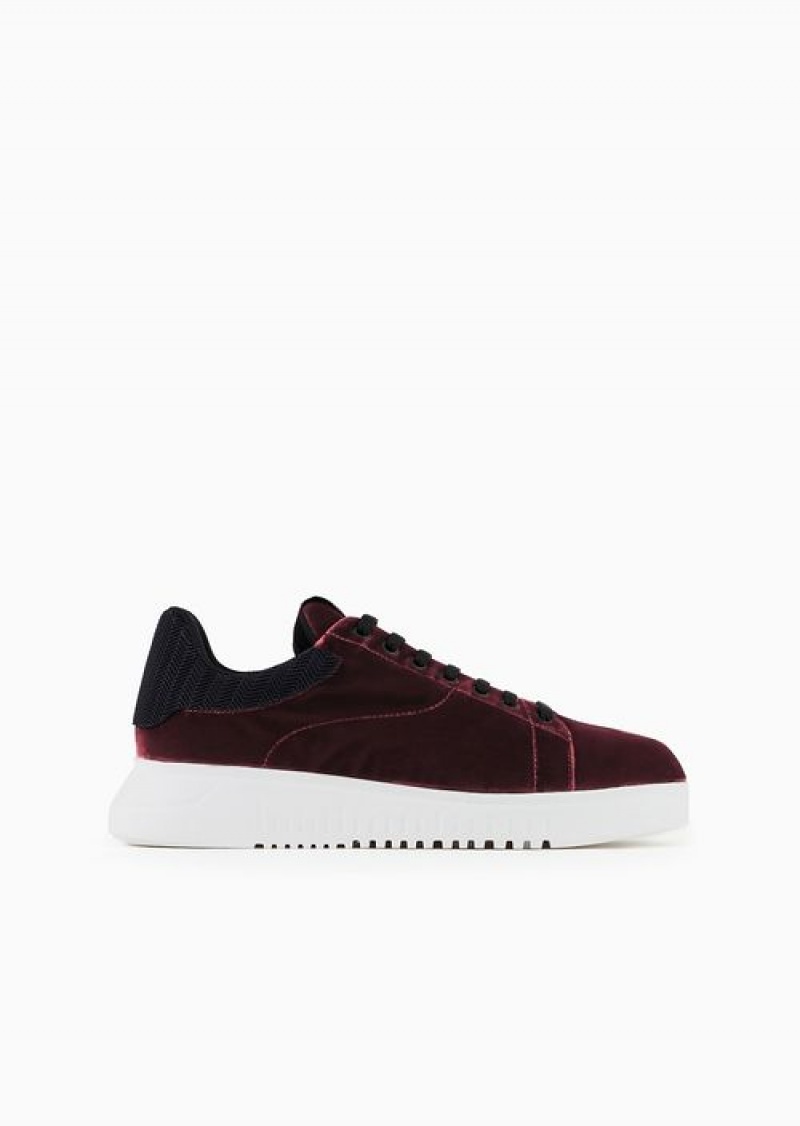 Bordeaux Emporio Armani Reloaded By Emporio Armani Sneakers In Velvet With Chevron Back Armani Sustainability Values | EA-SN58989