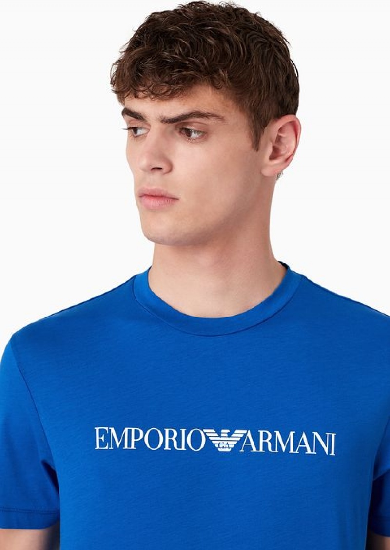 Bright Blue Logo Emporio Armani Pima-jersey T-shirt With Logo Print | EA-SN58702