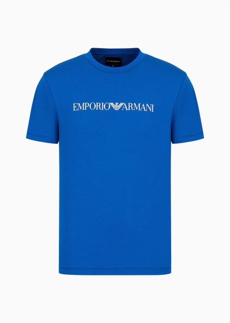 Bright Blue Logo Emporio Armani Pima-jersey T-shirt With Logo Print | EA-SN58702