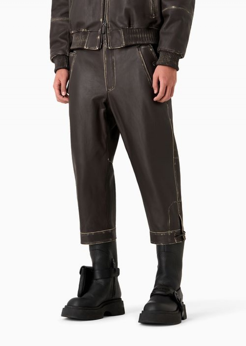 Brown Emporio Armani 3/4 Trousers In Overdyed Vegetable-tanned Lambskin Nappa Leather | EA-SN58280