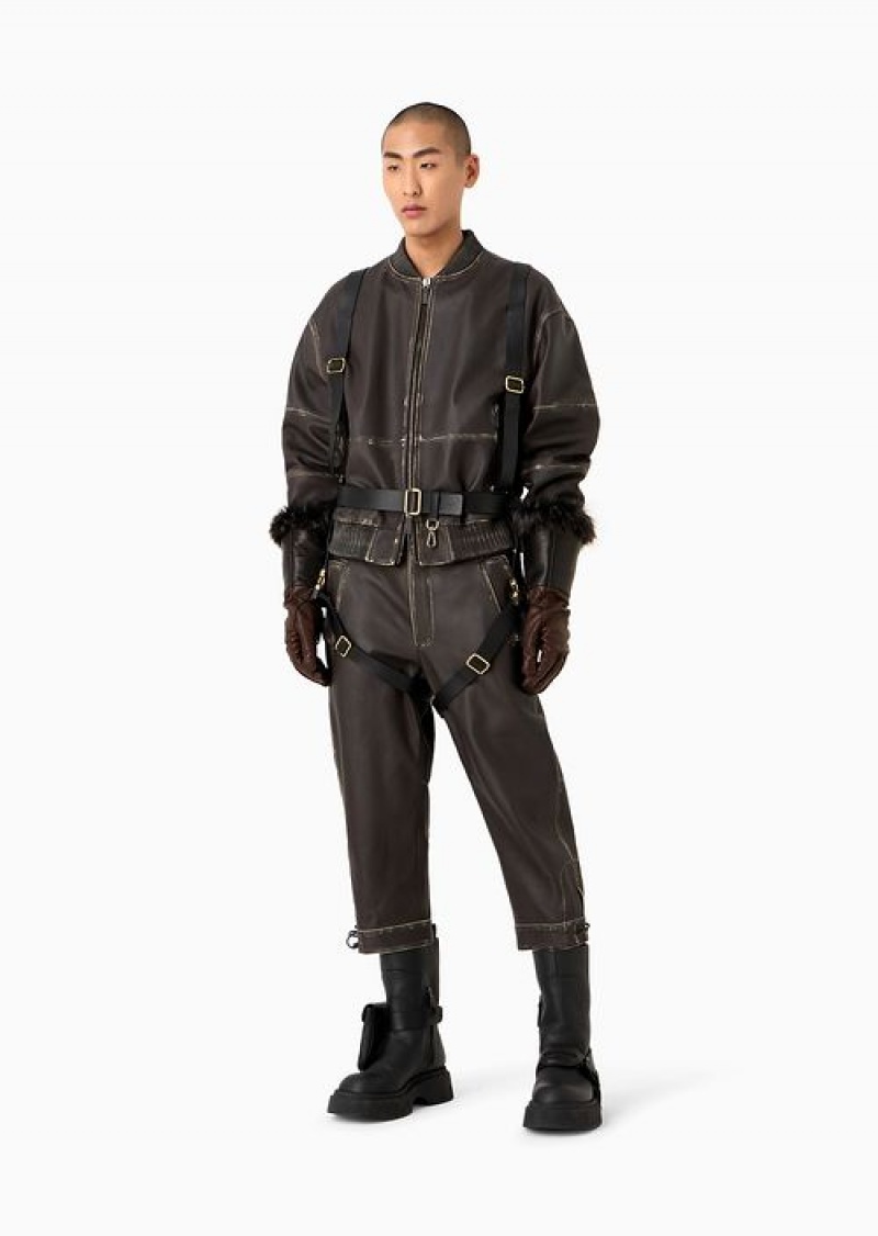 Brown Emporio Armani 3/4 Trousers In Overdyed Vegetable-tanned Lambskin Nappa Leather | EA-SN58280