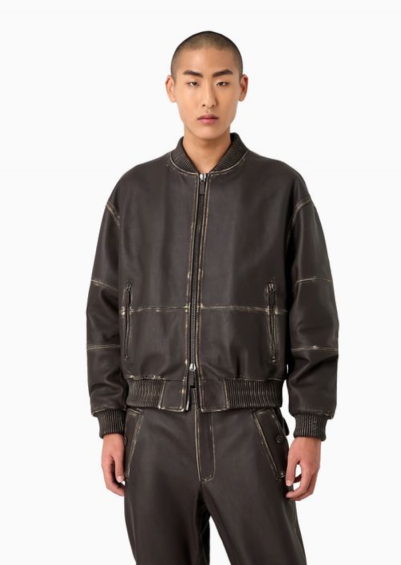 Brown Emporio Armani Bomber Jacket In Overdyed Vegetable-tanned Lambskin Nappa Leather | EA-SN58151