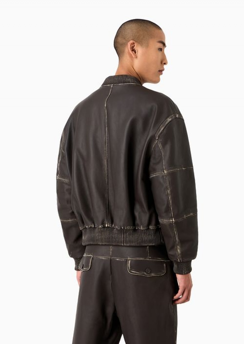 Brown Emporio Armani Bomber Jacket In Overdyed Vegetable-tanned Lambskin Nappa Leather | EA-SN58151