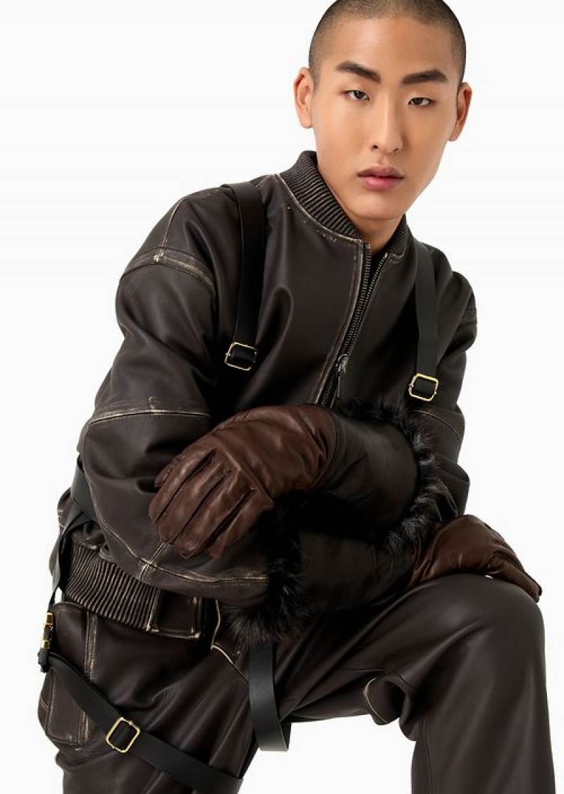 Brown Emporio Armani Bomber Jacket In Overdyed Vegetable-tanned Lambskin Nappa Leather | EA-SN58151