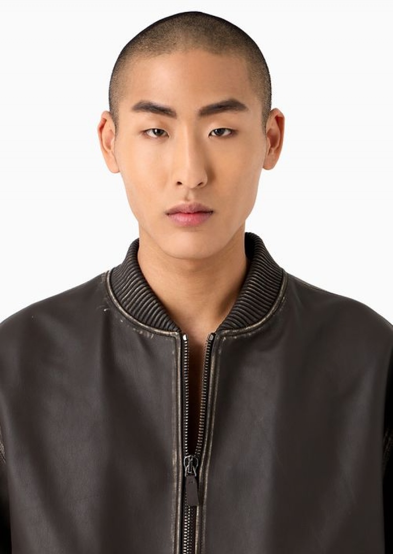 Brown Emporio Armani Bomber Jacket In Overdyed Vegetable-tanned Lambskin Nappa Leather | EA-SN58151