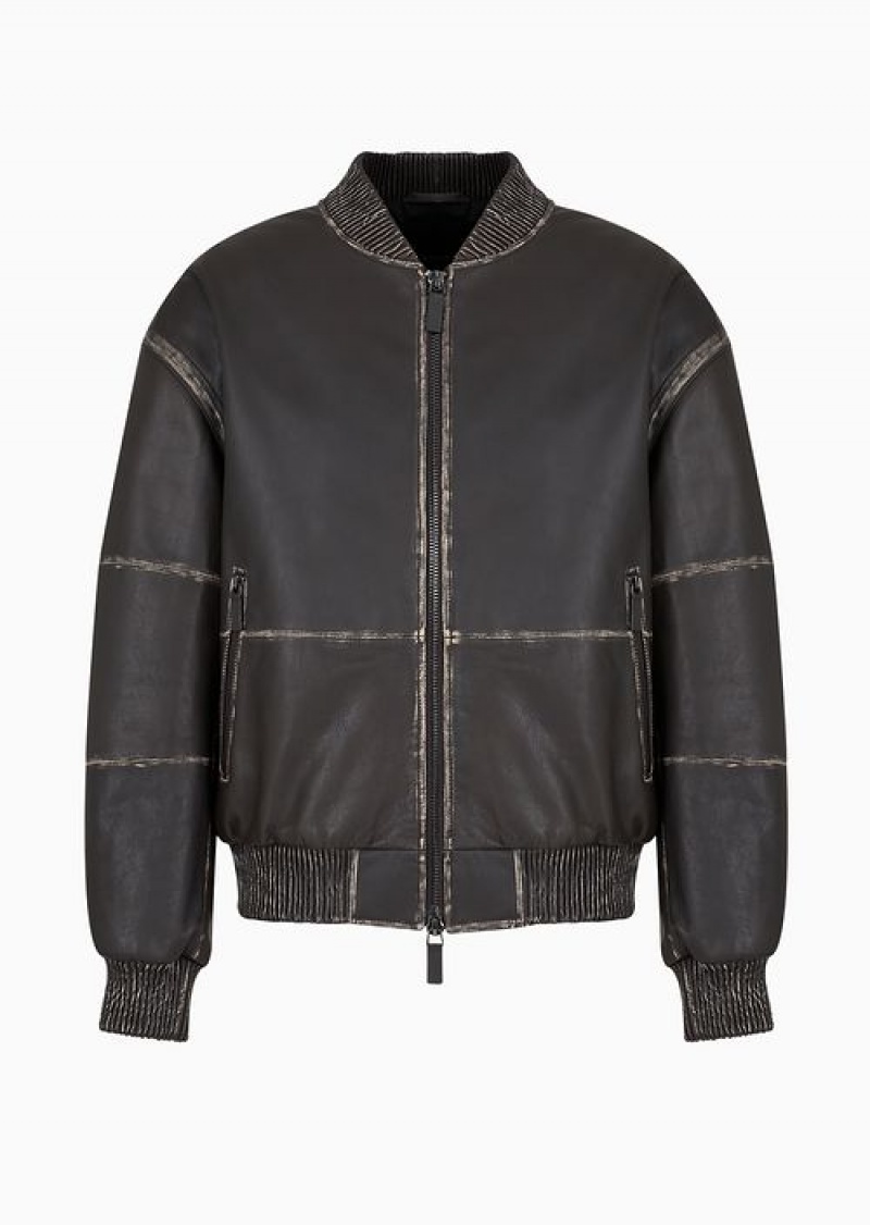 Brown Emporio Armani Bomber Jacket In Overdyed Vegetable-tanned Lambskin Nappa Leather | EA-SN58151