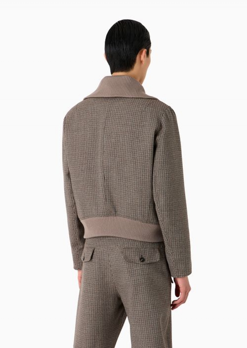 Brown Emporio Armani Full-zip Mock-neck Blouson In Compact Houndstooth Virgin Wool | EA-SN58202