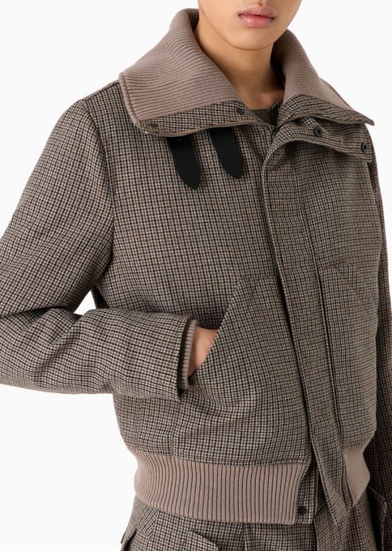 Brown Emporio Armani Full-zip Mock-neck Blouson In Compact Houndstooth Virgin Wool | EA-SN58202