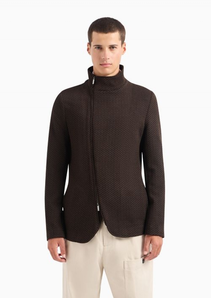 Brown Emporio Armani Jacket With Off-centre Full Zip In Stretch Jersey With A 3d-effect Chevron Motif | EA-SN57796