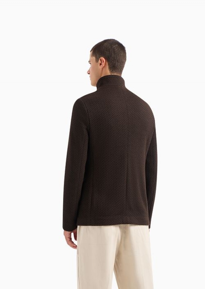 Brown Emporio Armani Jacket With Off-centre Full Zip In Stretch Jersey With A 3d-effect Chevron Motif | EA-SN57796