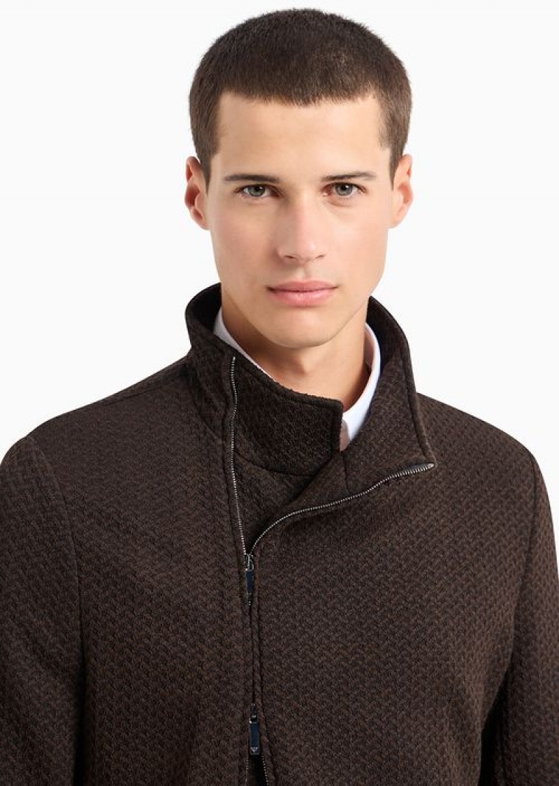 Brown Emporio Armani Jacket With Off-centre Full Zip In Stretch Jersey With A 3d-effect Chevron Motif | EA-SN57796