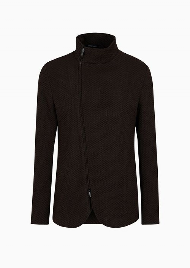 Brown Emporio Armani Jacket With Off-centre Full Zip In Stretch Jersey With A 3d-effect Chevron Motif | EA-SN57796