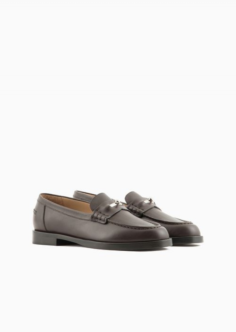 Brown Emporio Armani Leather Loafers With Icon Stirrup | EA-SN57118