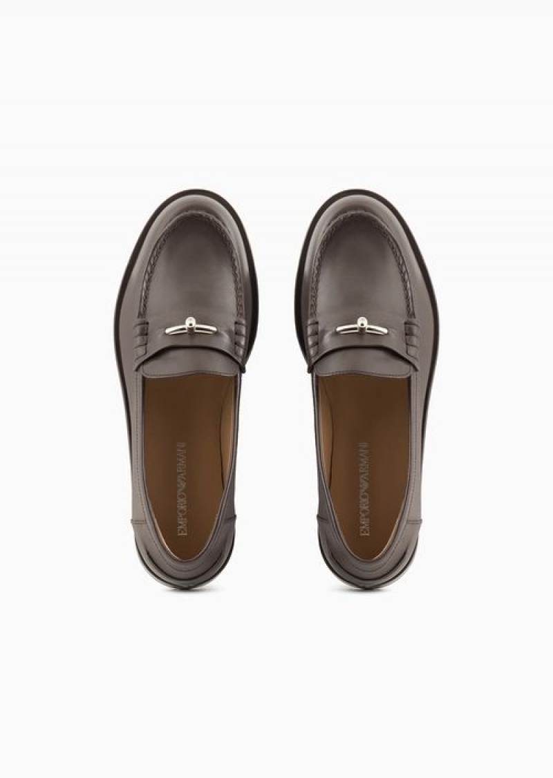 Brown Emporio Armani Leather Loafers With Icon Stirrup | EA-SN57118