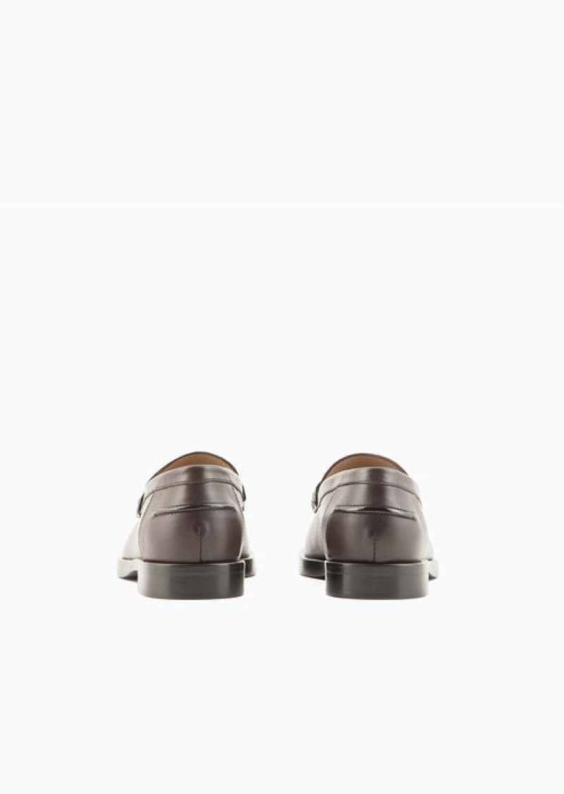 Brown Emporio Armani Leather Loafers With Icon Stirrup | EA-SN57118