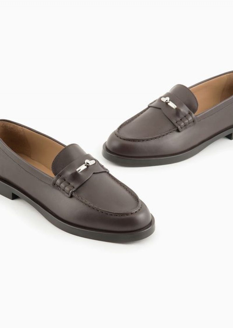 Brown Emporio Armani Leather Loafers With Icon Stirrup | EA-SN57118