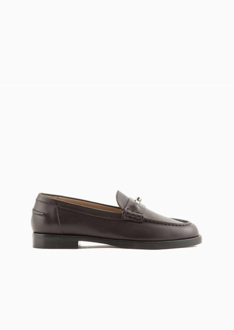 Brown Emporio Armani Leather Loafers With Icon Stirrup | EA-SN57118