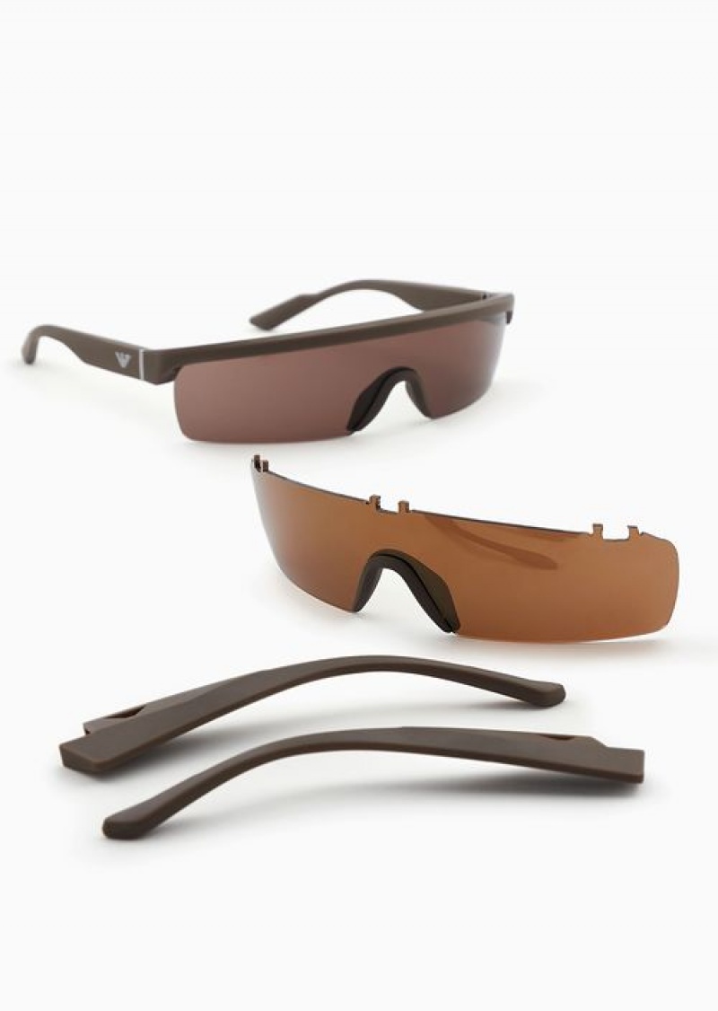 Brown Emporio Armani Men’s Rectangular Sunglasses With Interchangeable Lenses | EA-SN59470