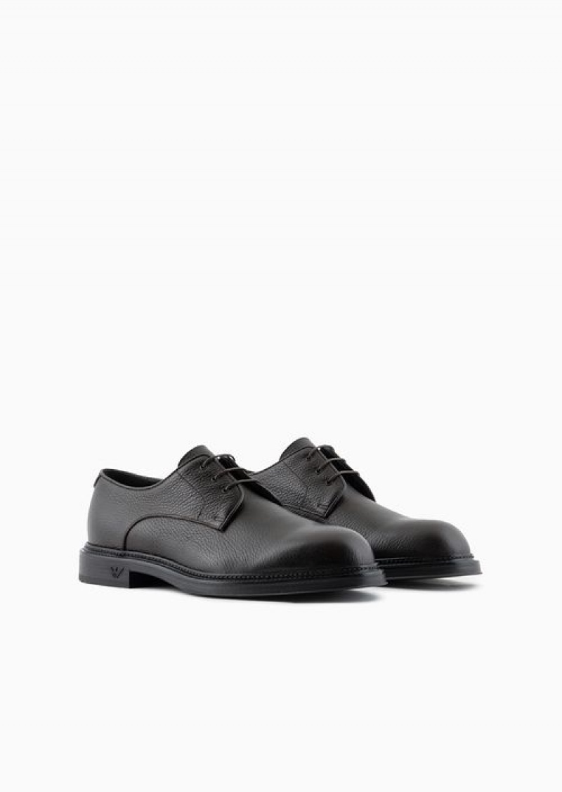 Brown Emporio Armani Pebbled Leather Derby Shoes | EA-SN58855