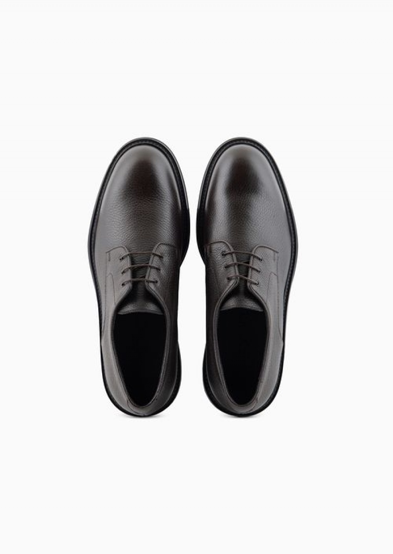 Brown Emporio Armani Pebbled Leather Derby Shoes | EA-SN58855