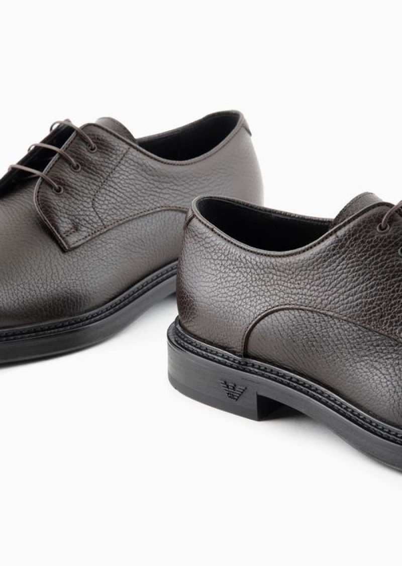 Brown Emporio Armani Pebbled Leather Derby Shoes | EA-SN58855