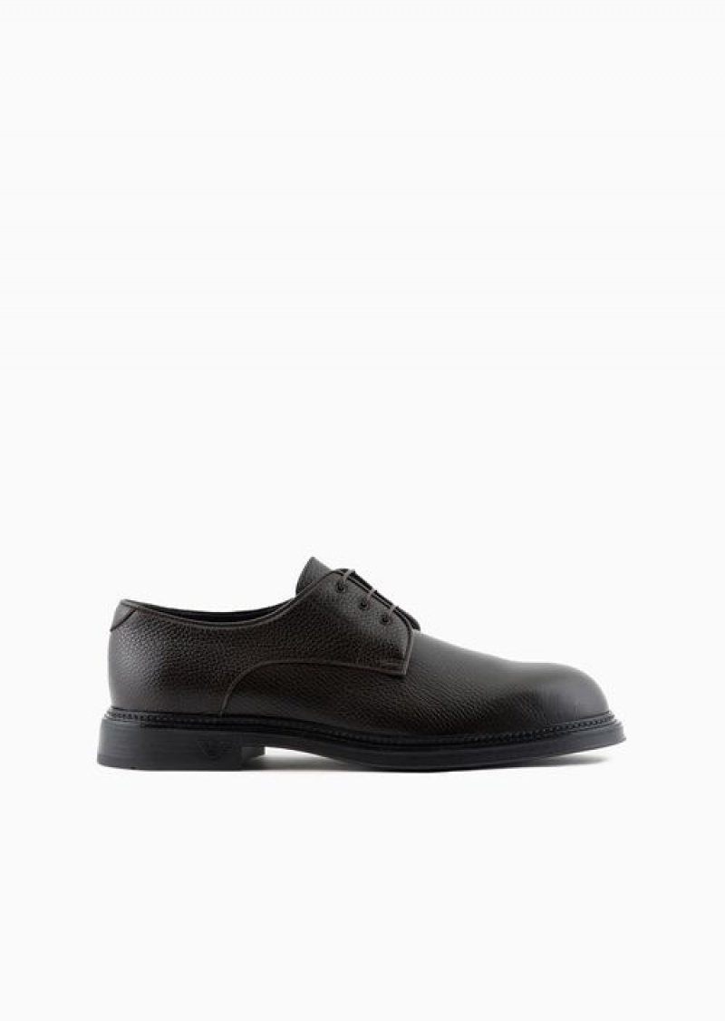 Brown Emporio Armani Pebbled Leather Derby Shoes | EA-SN58855