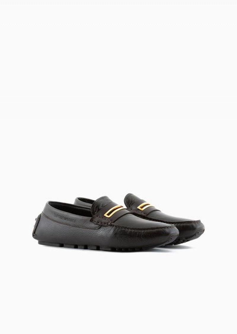 Brown Emporio Armani Pebbled Leather Driving Loafers With Stirrup Bar | EA-SN58865