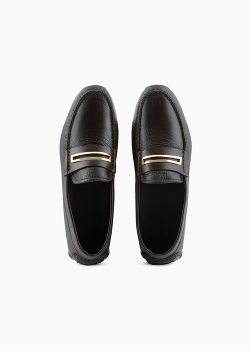 Brown Emporio Armani Pebbled Leather Driving Loafers With Stirrup Bar | EA-SN58865