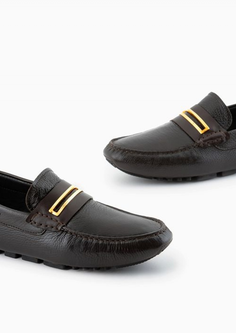 Brown Emporio Armani Pebbled Leather Driving Loafers With Stirrup Bar | EA-SN58865