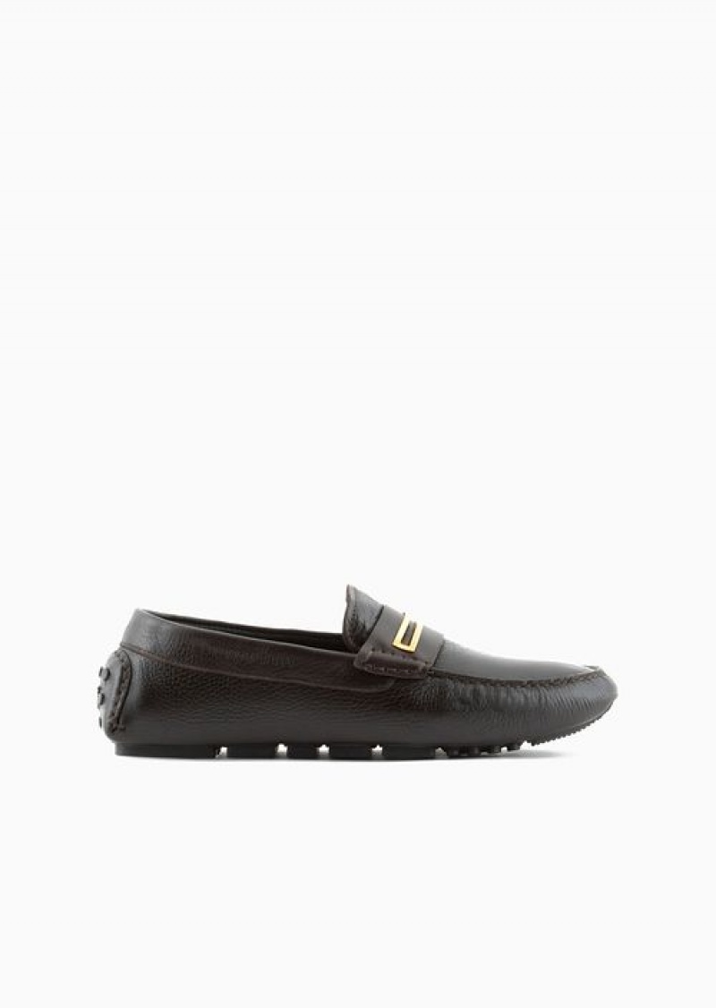 Brown Emporio Armani Pebbled Leather Driving Loafers With Stirrup Bar | EA-SN58865