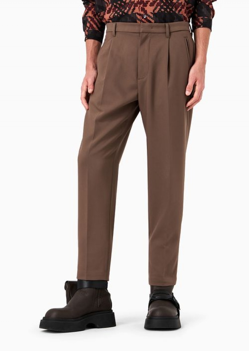 Brown Emporio Armani Soft Viscose Blend Trousers With Darts And Welt Pockets | EA-SN58334