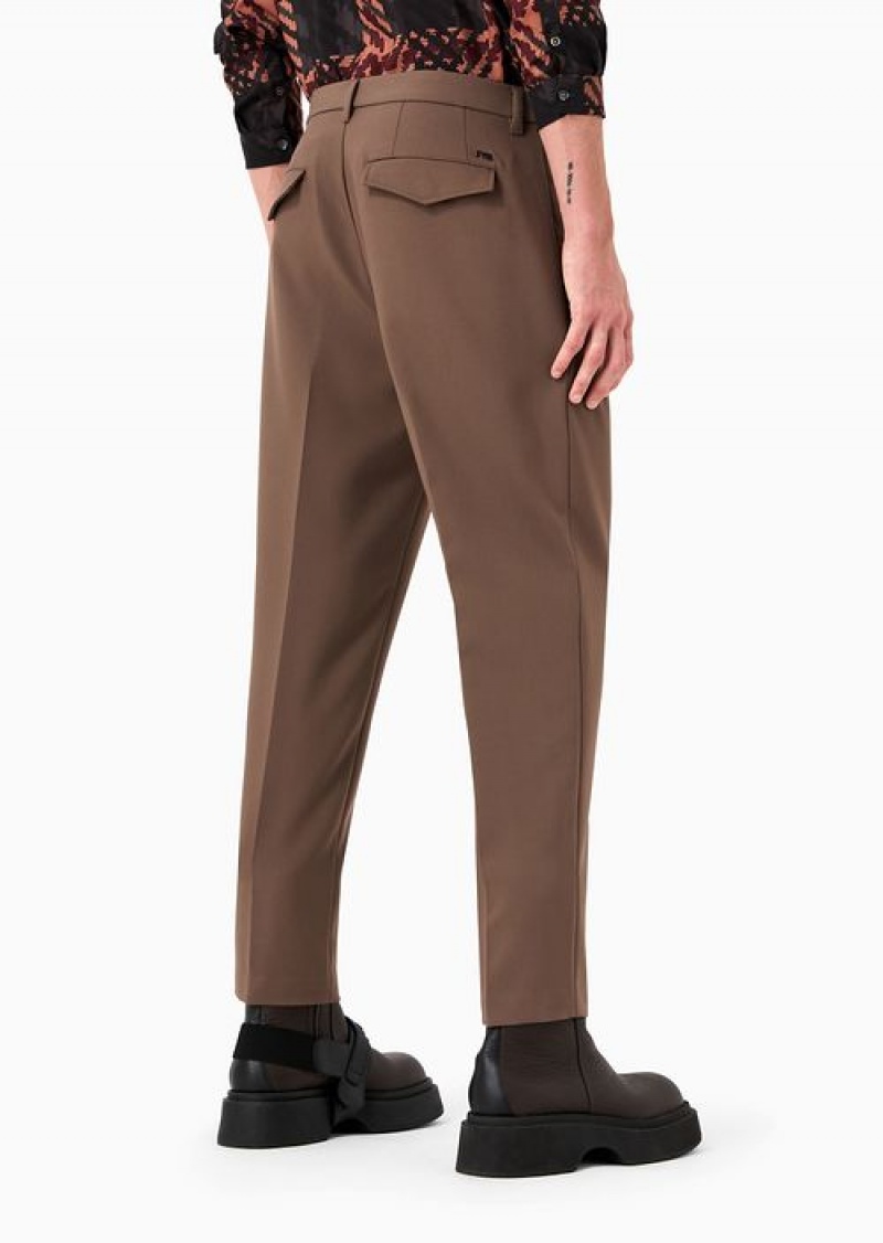 Brown Emporio Armani Soft Viscose Blend Trousers With Darts And Welt Pockets | EA-SN58334