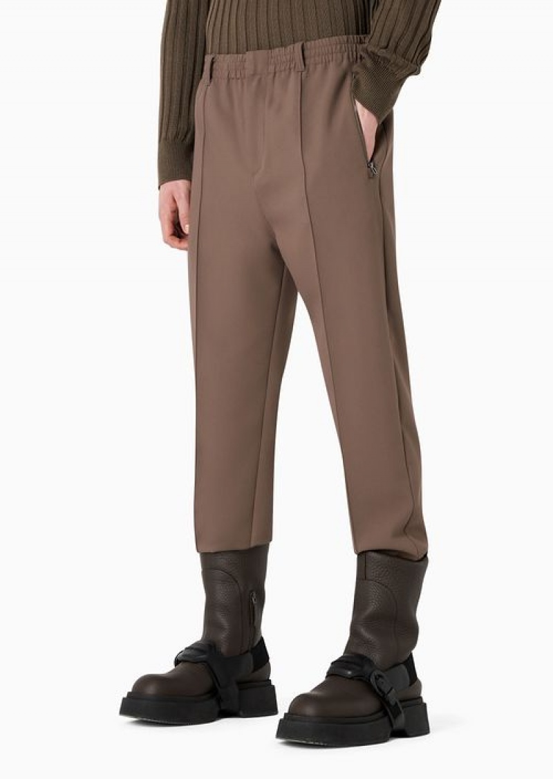 Brown Emporio Armani Soft Viscose-blend Trousers With Central Ribs And Elasticated Hem | EA-SN58342