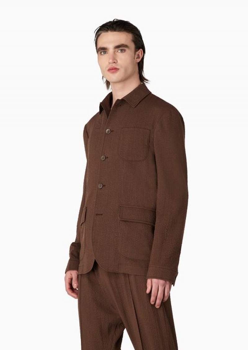 Brown Emporio Armani Stretch Virgin-wool Seersucker Shirt Jacket | EA-SN57786