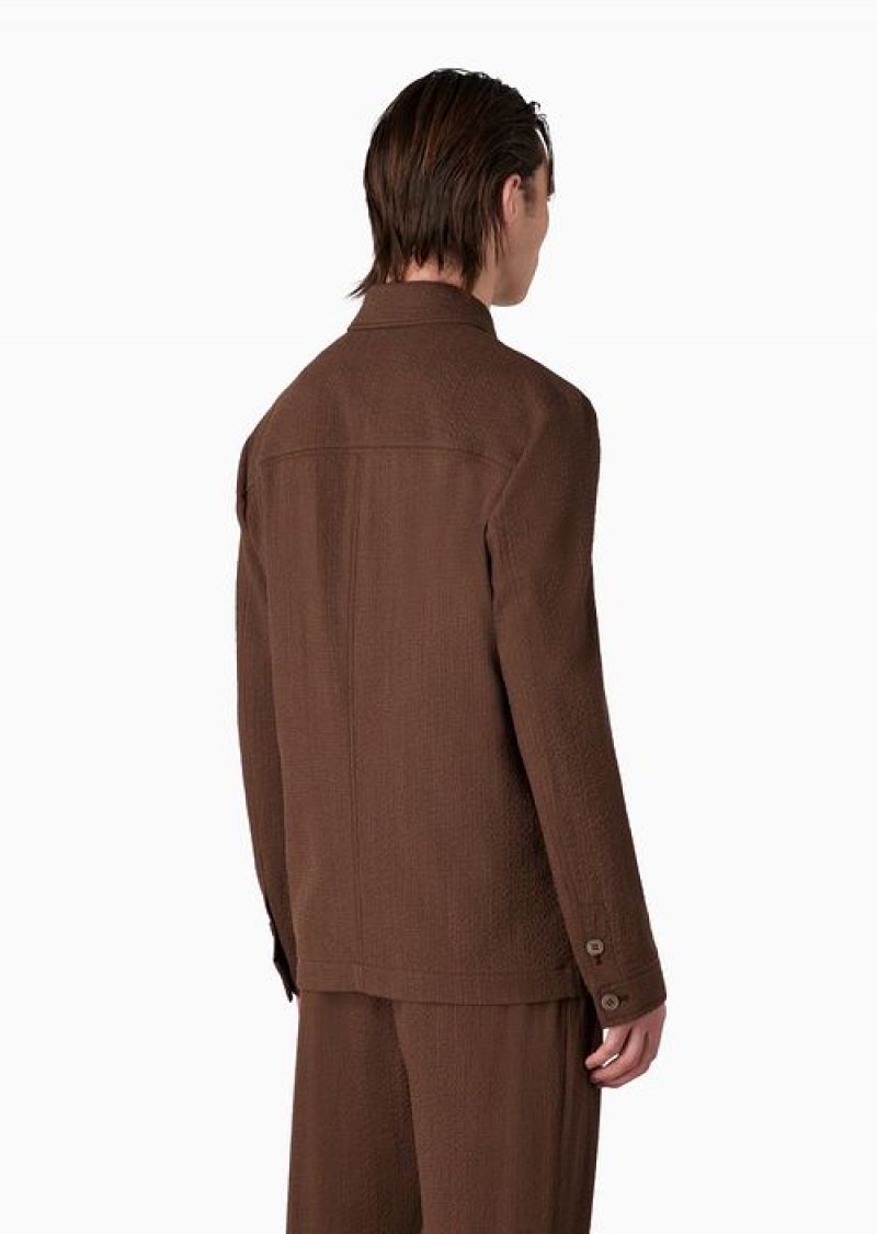 Brown Emporio Armani Stretch Virgin-wool Seersucker Shirt Jacket | EA-SN57786