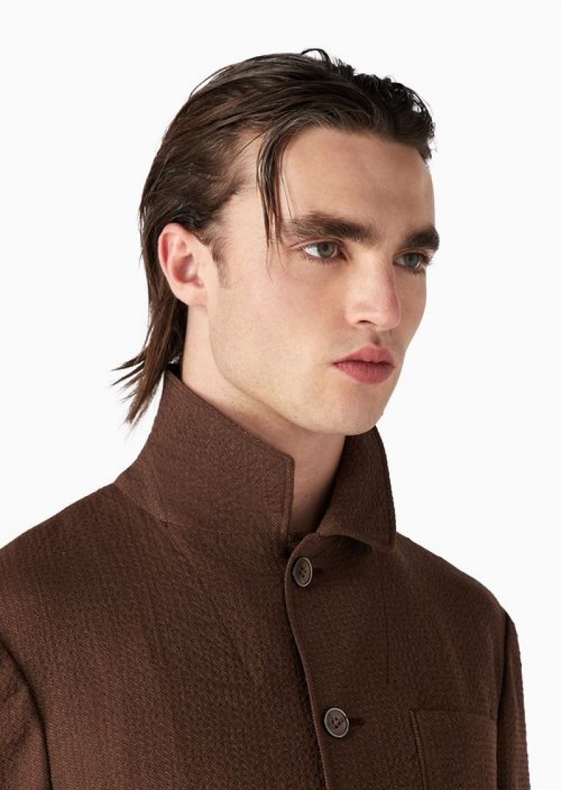 Brown Emporio Armani Stretch Virgin-wool Seersucker Shirt Jacket | EA-SN57786