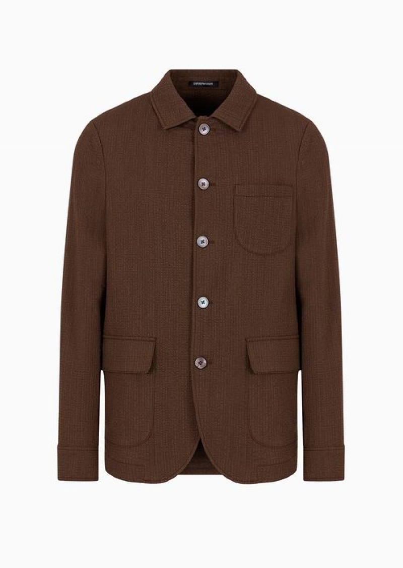 Brown Emporio Armani Stretch Virgin-wool Seersucker Shirt Jacket | EA-SN57786