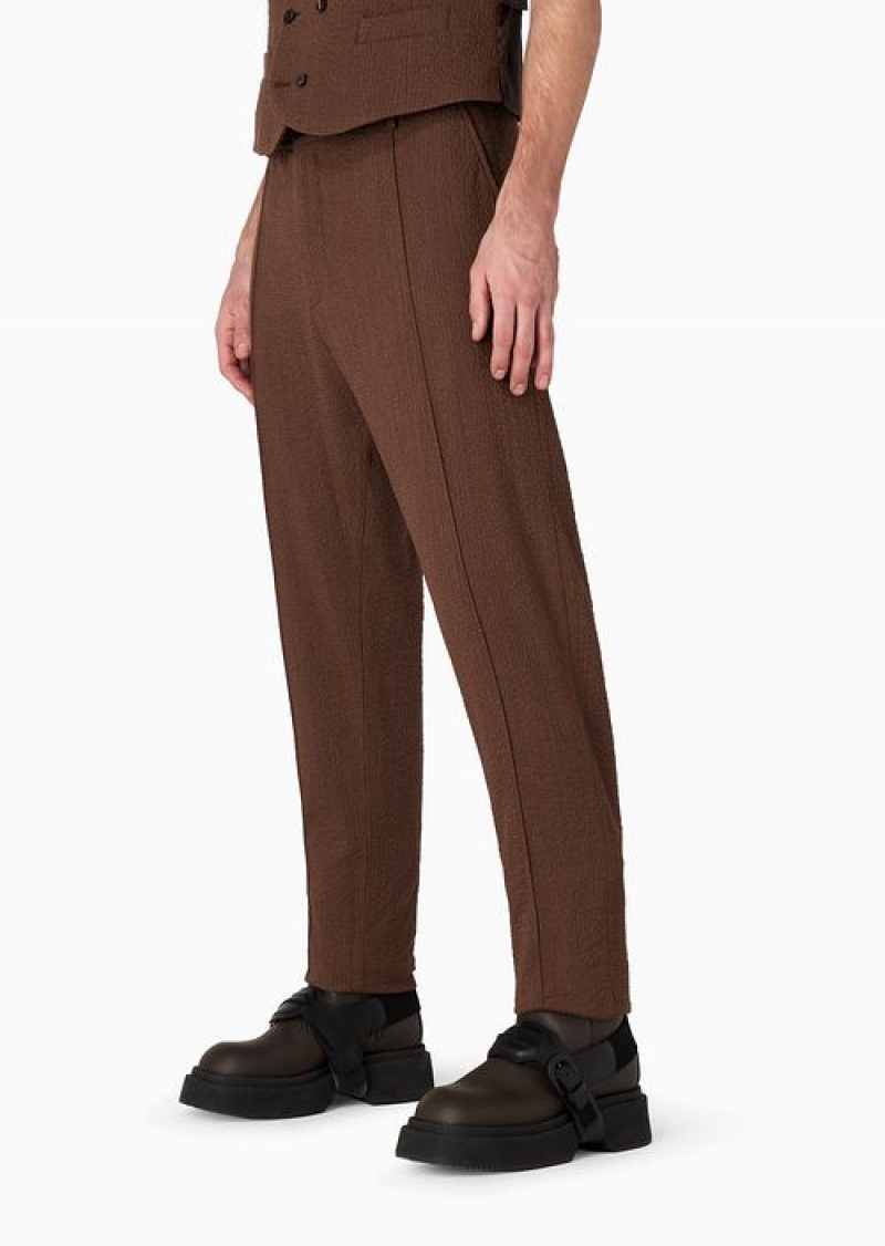 Brown Emporio Armani Stretch Virgin-wool Seersucker Trousers With Centre Ribbing | EA-SN58297