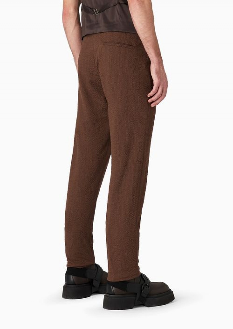 Brown Emporio Armani Stretch Virgin-wool Seersucker Trousers With Centre Ribbing | EA-SN58297