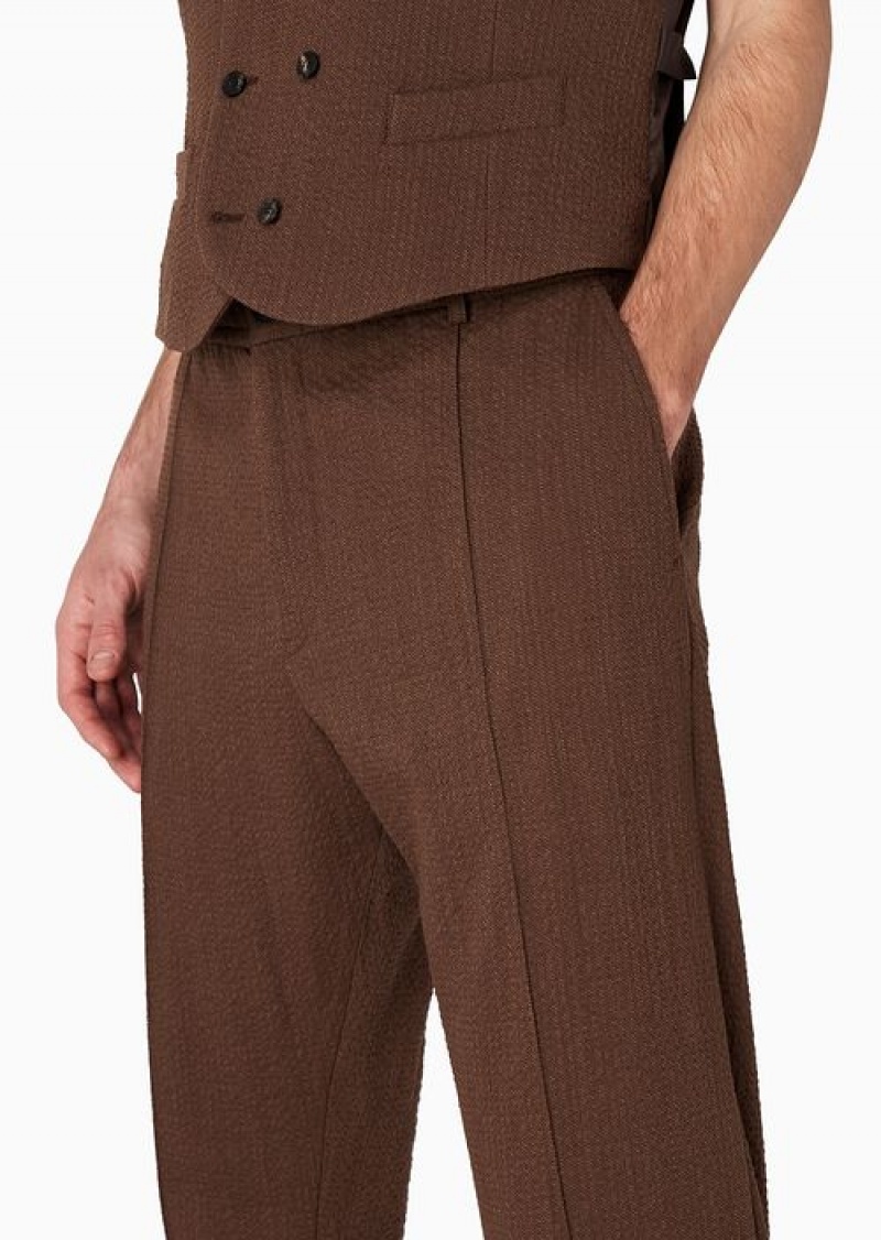 Brown Emporio Armani Stretch Virgin-wool Seersucker Trousers With Centre Ribbing | EA-SN58297