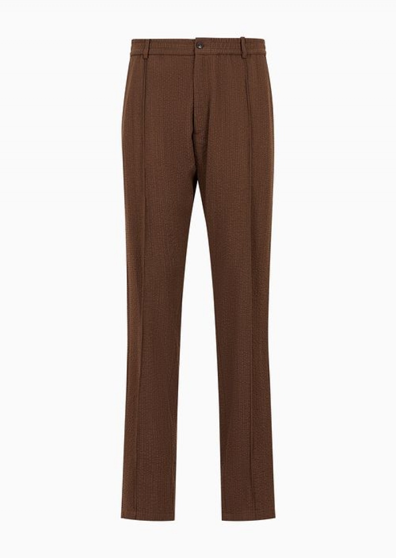 Brown Emporio Armani Stretch Virgin-wool Seersucker Trousers With Centre Ribbing | EA-SN58297