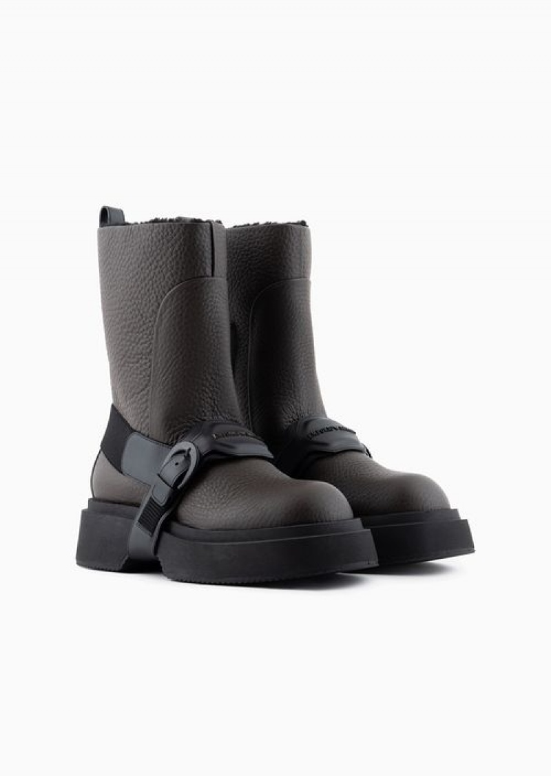 Brown Emporio Armani Tumbled Leather Ankle Boots With Straps And Fur-effect Lining | EA-SN58842