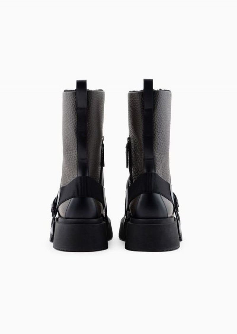 Brown Emporio Armani Tumbled Leather Ankle Boots With Straps And Fur-effect Lining | EA-SN58842