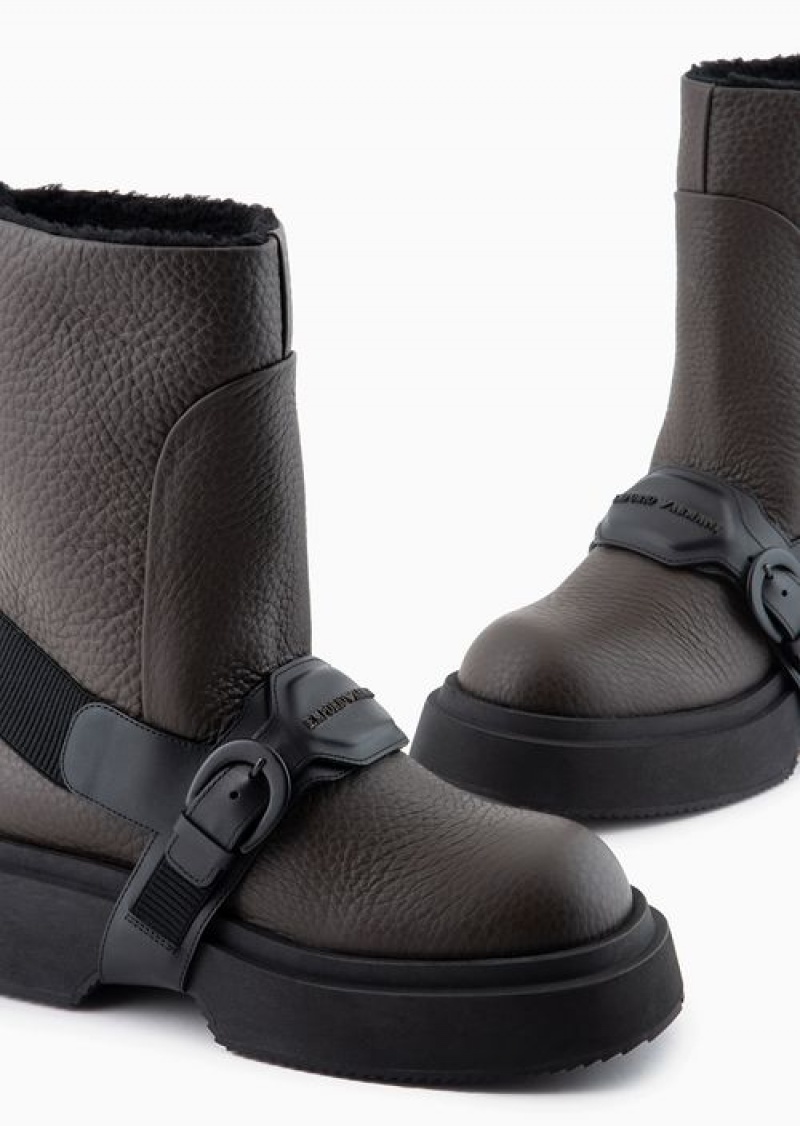 Brown Emporio Armani Tumbled Leather Ankle Boots With Straps And Fur-effect Lining | EA-SN58842