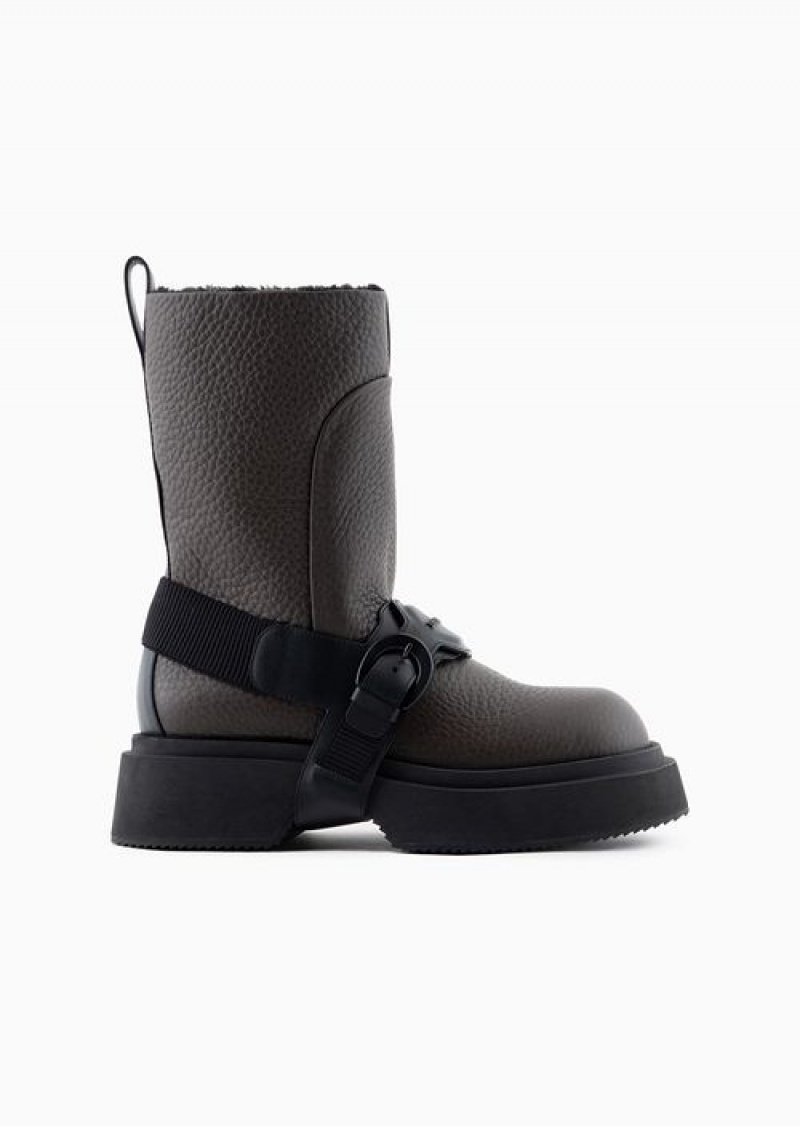 Brown Emporio Armani Tumbled Leather Ankle Boots With Straps And Fur-effect Lining | EA-SN58842