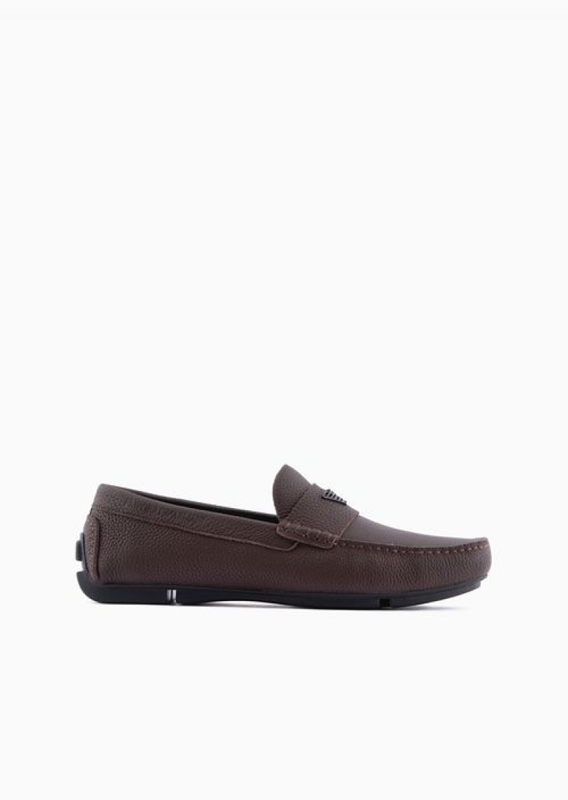 Brown Emporio Armani Tumbled-leather Driving Shoes | EA-SN58867