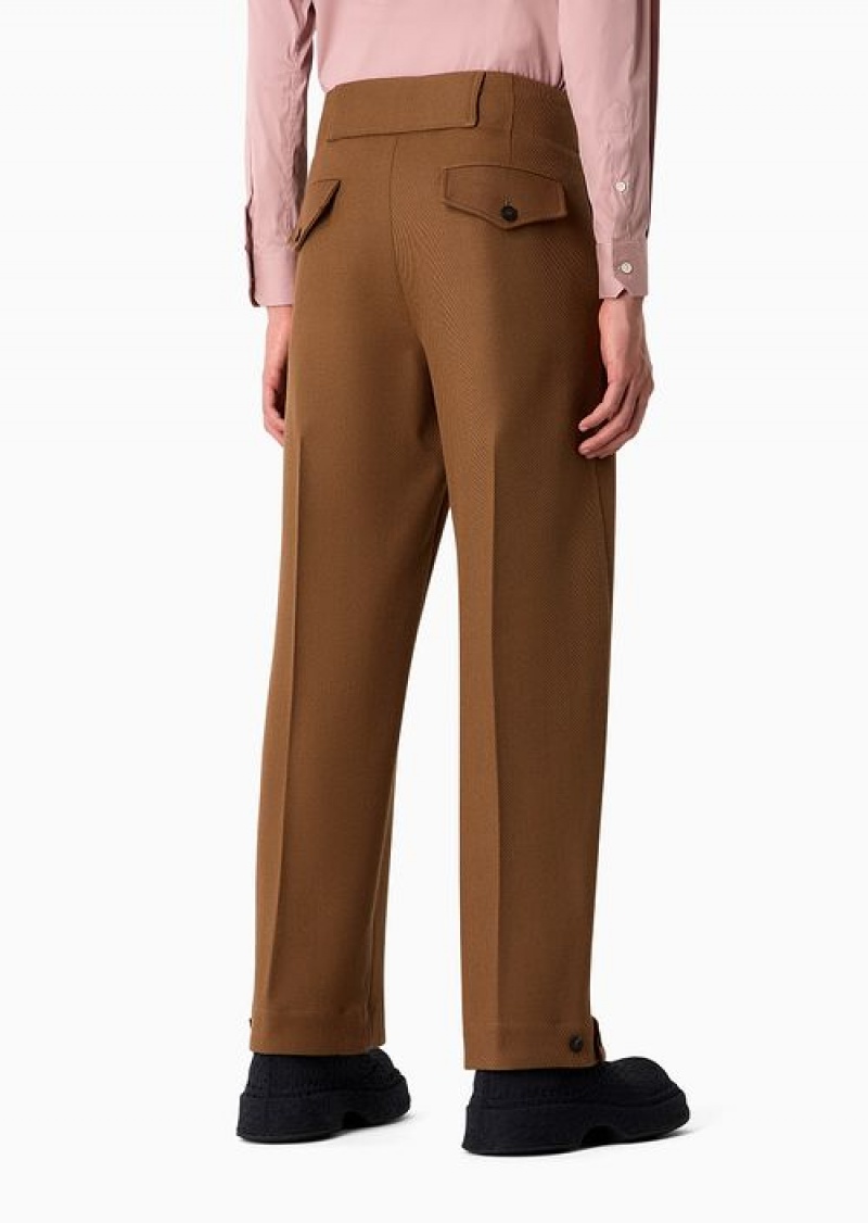 Brown Emporio Armani Virgin Wool Cavalry Twill Trousers With Adjustable Hem | EA-SN58294