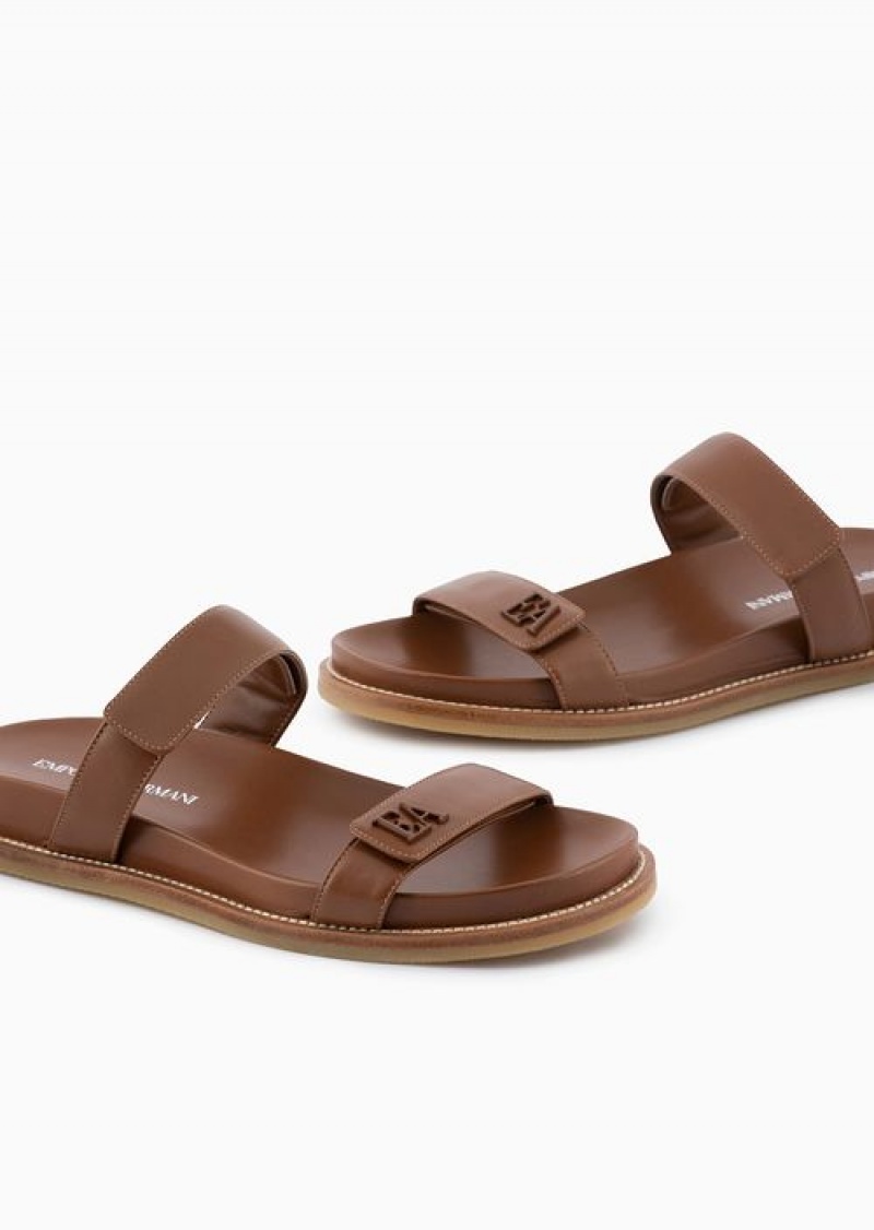 Buff Emporio Armani Double-band Sandals In Nappa Leather With Ea Logo | EA-SN57163