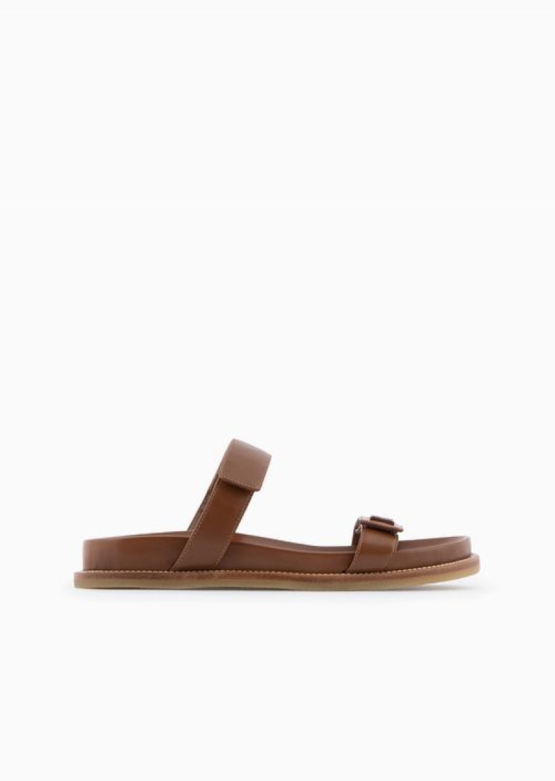 Buff Emporio Armani Double-band Sandals In Nappa Leather With Ea Logo | EA-SN57163