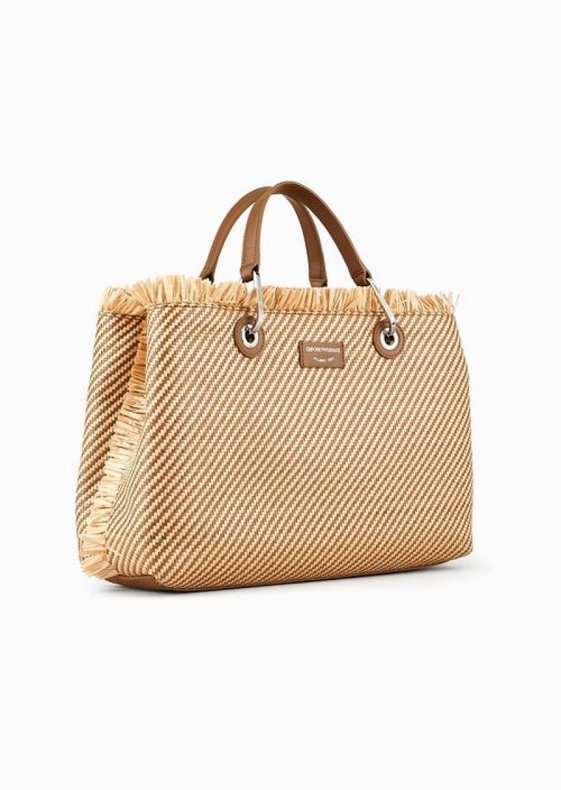 Buff Emporio Armani Myea Bag Woven Straw Shopper Bag | EA-SN57234